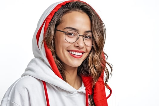 Happy Woman in White Hoodie With Red Trim photo