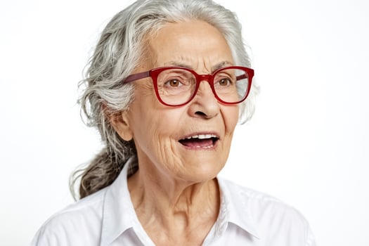 Portrait of a happy senior woman with gray hair and red glasses photo