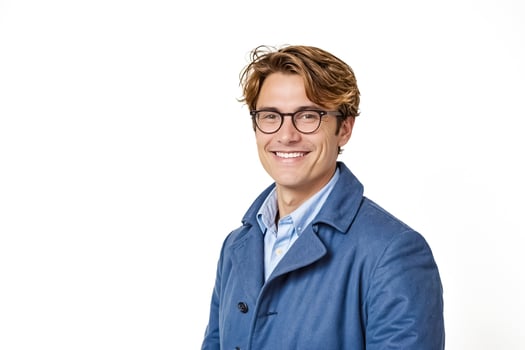 Portrait of a smiling man wearing glasses and a blue coat photo