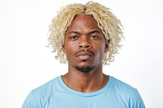 Portrait of a Young Man with Blonde Curly Hair Looking Skeptical photo