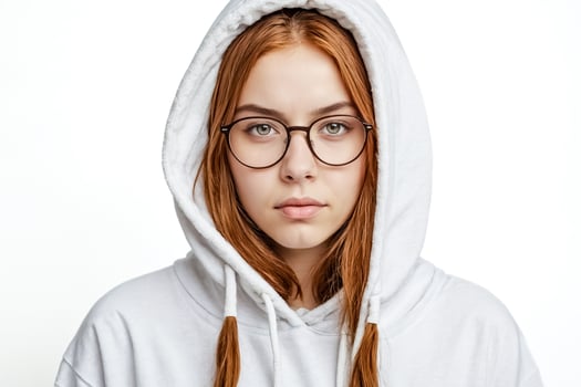 Close-up Portrait of a Young Woman Wearing a White Hoodie and Glasses photo