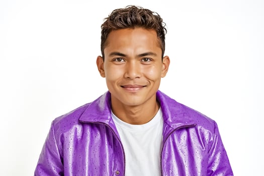 Portrait of a young man in a purple jacket smiling photo