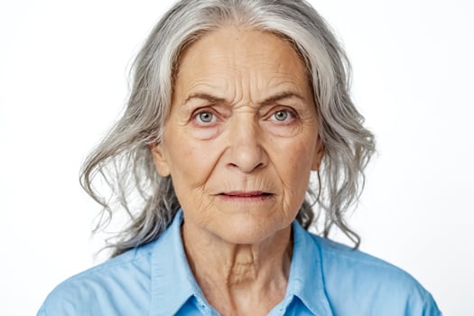 Senior Woman with Grey Hair and Blue Shirt Looks at Camera photo