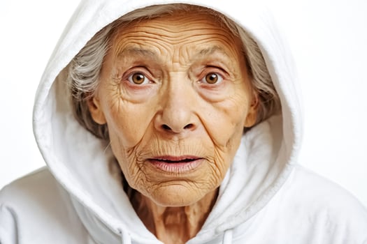 Portrait of an Elderly Woman in a White Hoodie photo