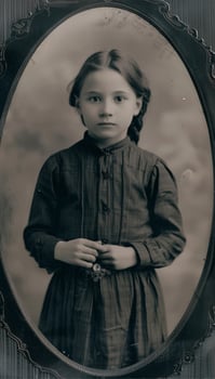 A vintage black and white portrait of a young girl with a serious expression, dressed in a dark, high-collared dress photo