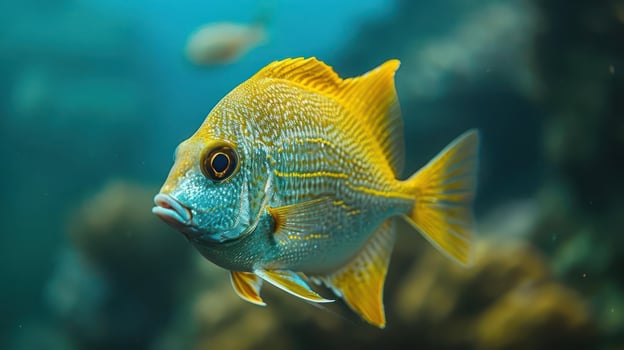 A vibrant yellow and blue tropical fish in a coral reef aquarium, with a close up underwater view. photo