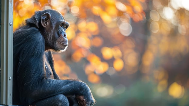 A monkey sits on a platform and looks out at the fall foliage, photo