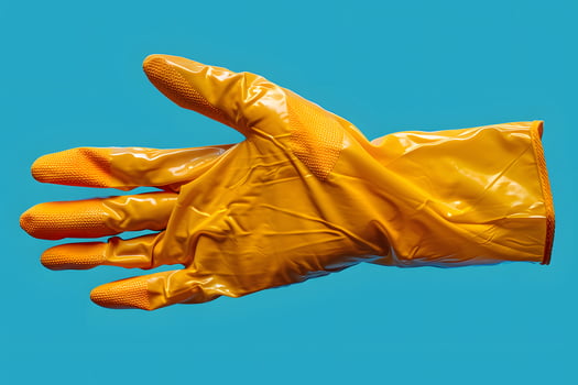 Yellow Rubber Cleaning Glove on Blue Background for Cleaning and Hygiene Concepts photo