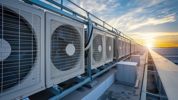 Air conditioning units on a roof at sunset photo