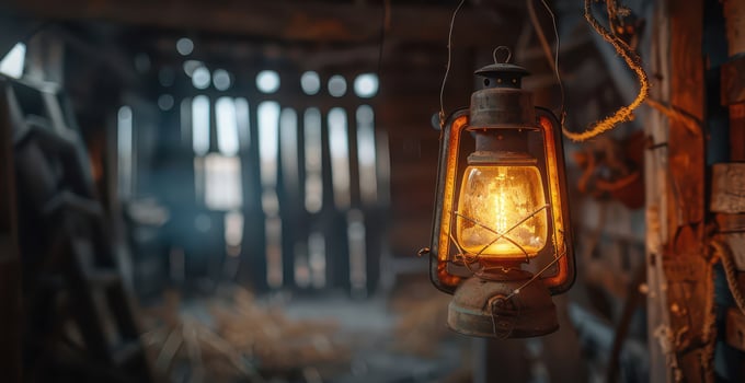An old fashioned lantern hanging in a barn photo