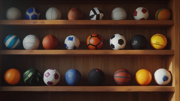 Collection of Various Sports Balls Displayed on a Wooden Shelf in Bright Natural Light photo