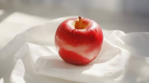 Fresh Red Apple Sitting on Soft White Fabric in Bright Morning Light photo