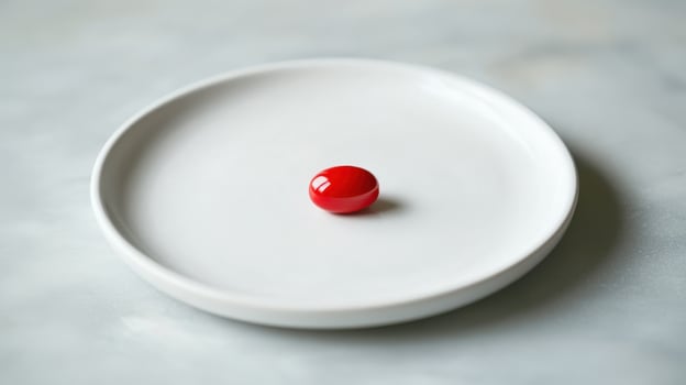 Single Bright Red Capsule Centered on a White Plate Surrounded by Subtle Textured Surface photo