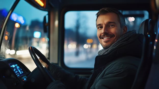 Cheerful Bus Driver Operating Vehicle During Twilight in Urban Setting photo