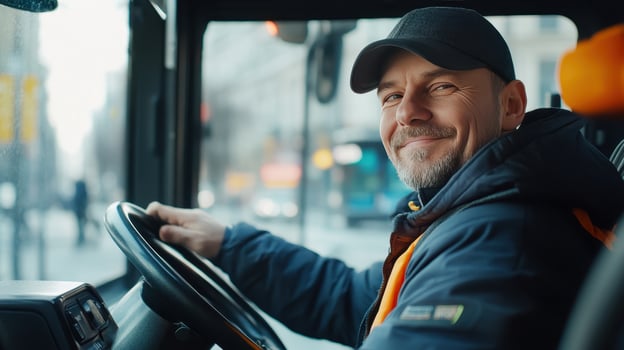 Smiling Bus Driver Wearing Cap Seated Inside Bus on City Street in Daylight photo