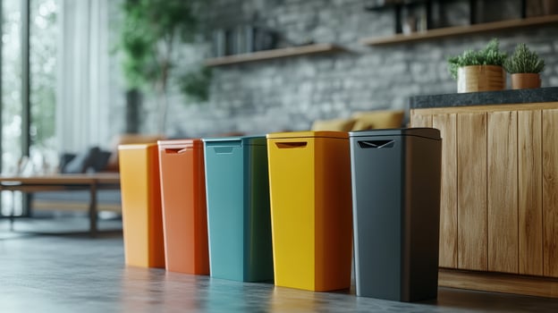 Colorful Trash Bins Arranged Neatly in a Contemporary Living Room Space photo