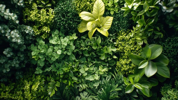 Lush Green Plant Wall Featuring Various Leafy Species in Bright Natural Light photo