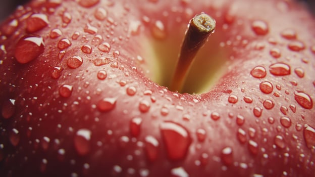 Fresh Red Apple Covered in Water Droplets With a Natural Background Taken in Morning Light photo