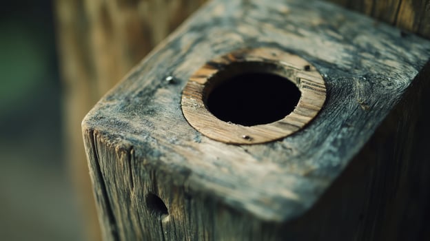 Close-Up View of a Weathered Wooden Post With a Circular Hole Surrounded by Nature During Early Morning Light photo