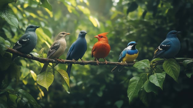 Vibrant Birds Perched on a Branch Amid Lush Greenery in a Tranquil Forest Setting photo