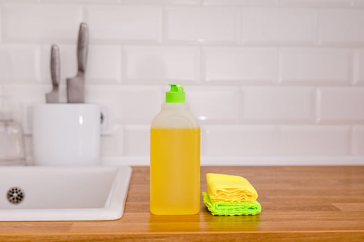 White plates, glass cups and forks in a clean white sink and two bottles of detergent and rags photo
