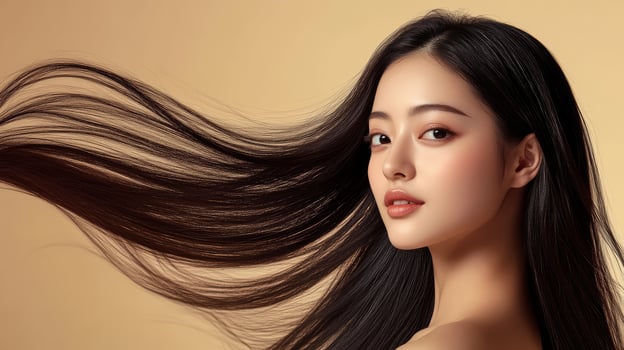 A model elegantly poses, her hair dancing in a gentle breeze under warm lighting photo