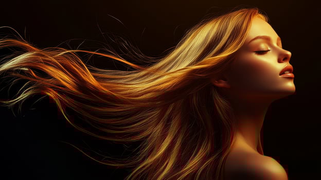 A stunning woman showcases her smooth hair in a radiant light photo