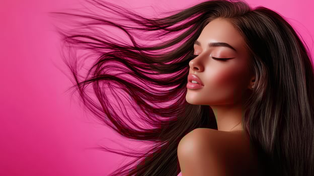 A beautiful trans woman showcases her long, flowing hair with elegance photo