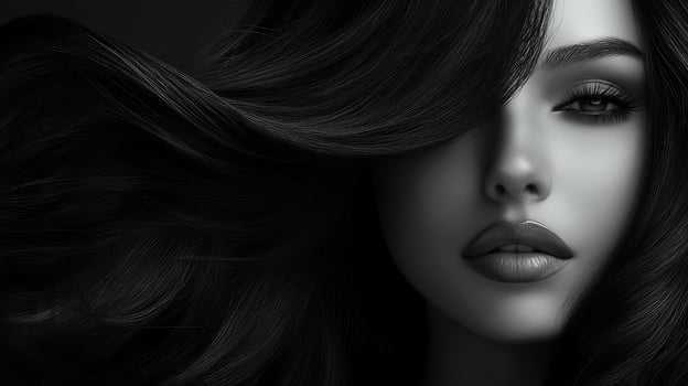 A striking woman exudes elegance with her flowing hair and captivating gaze photo