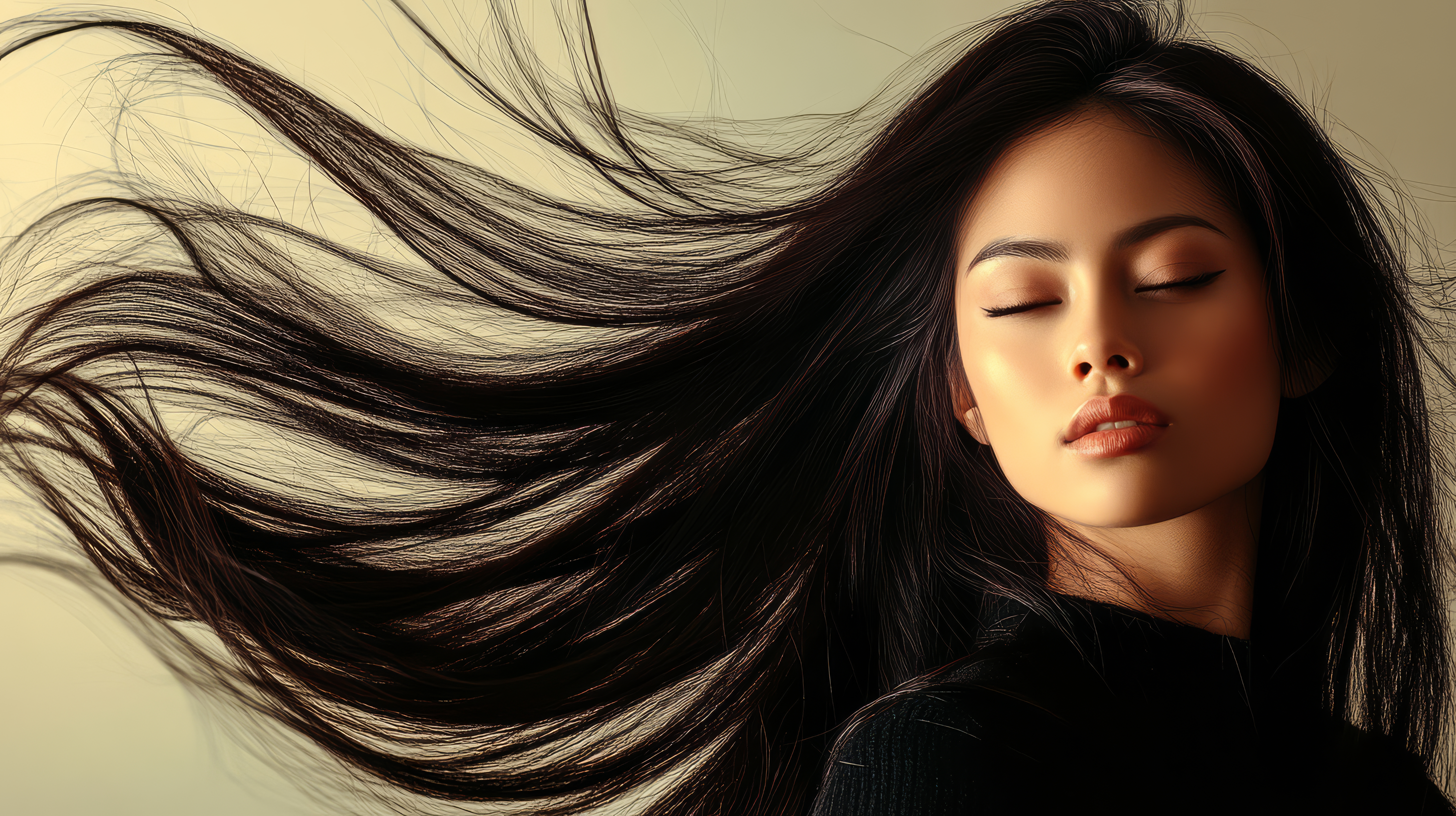 The model showcases her beauty with smooth, cascading hair in soft light photo