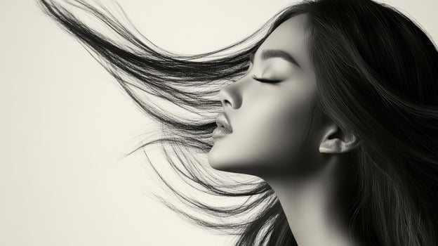 The woman exudes elegance as her hair cascades gently in the breeze photo