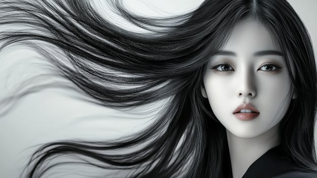 A Japanese woman showcases elegance with her flowing hair and captivating gaze photo