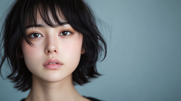 A young Japanese woman gazes thoughtfully, her expression reflecting deep emotion photo