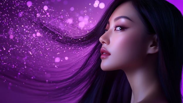 A radiant model captivates with her long hair illuminated by dreamy purple lights photo