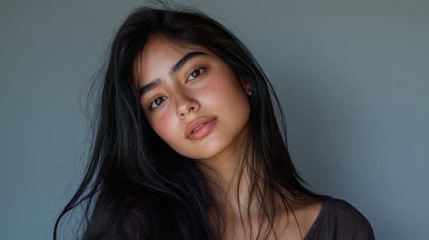 A young woman showcases her beauty with a captivating expression photo