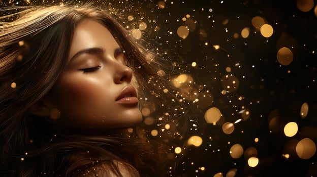 A mesmerizing model showcases her beauty with flowing hair in a sparkling ambiance photo