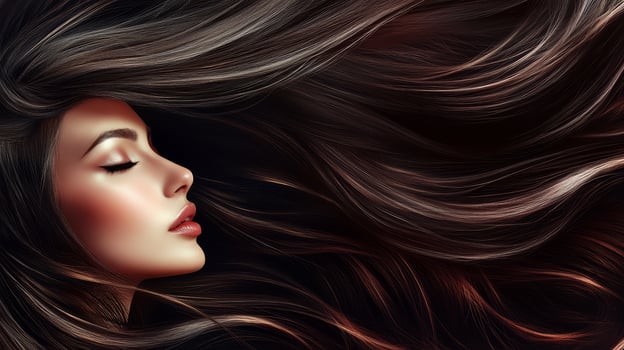A stunning model showcases her graceful hair while posing elegantly photo