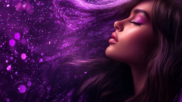 A stunning model showcases flowing hair and captivating makeup in enchanting light photo