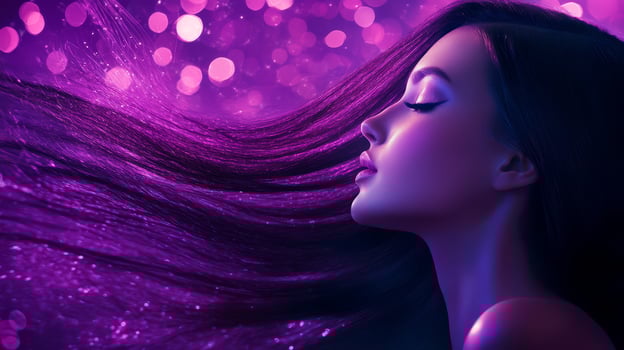 The model showcases her stunning features in a captivating swirl of color photo