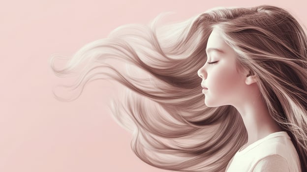 A young girl with long flowing hair enjoys a tranquil moment in soft colors photo