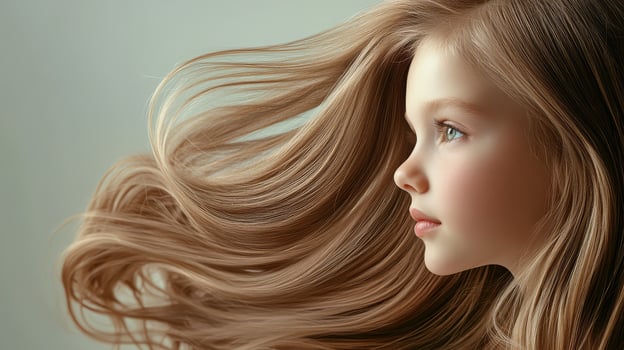 A little girl gazes thoughtfully as her hair dances in the breeze photo