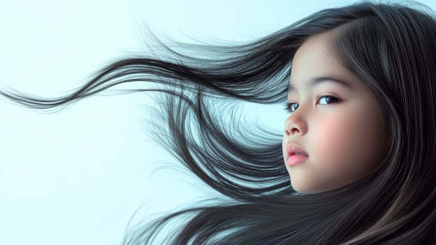 A young girl with beautiful flowing hair captures the viewer's attention photo