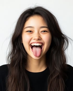 A cheerful girl expresses joy with a playful gesture of sticking out her tongue photo