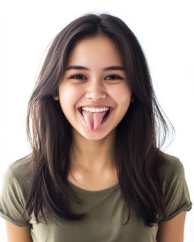 A cheerful girl showcases her playful spirit with a bright smile photo