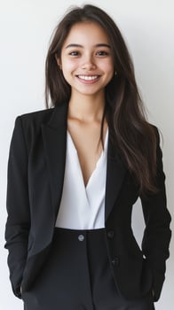 A young woman radiates confidence and elegance with her beaming smile photo