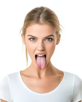 A woman playfully expresses her personality with a big, silly tongue gesture photo