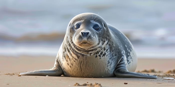 Seal pup on sandy beach close-up photo