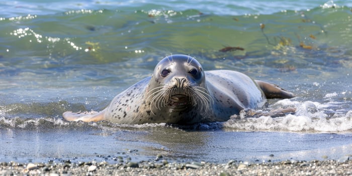 Seal entering ocean waves from rocky beach photo
