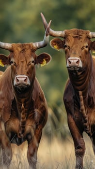 Two Horned Cows in Summer Meadow Staring at Camera photo