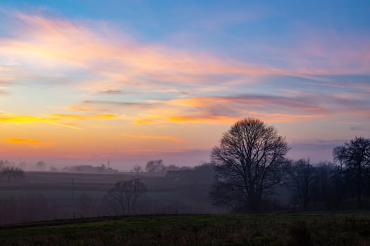 sunset in the field. beautiful autumn foggy landscape in Ukraine photo